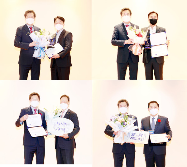 (사진:글로벌누스통신 김성곤 기자)한국CQO 상 이상옥 상무(LG화학(주),오세남 전무(주)아이디스, 글로벌품질경영대상 강태선 회장(주)비와이엔블랙야크, 한종희 사장(삼성전자)(주)